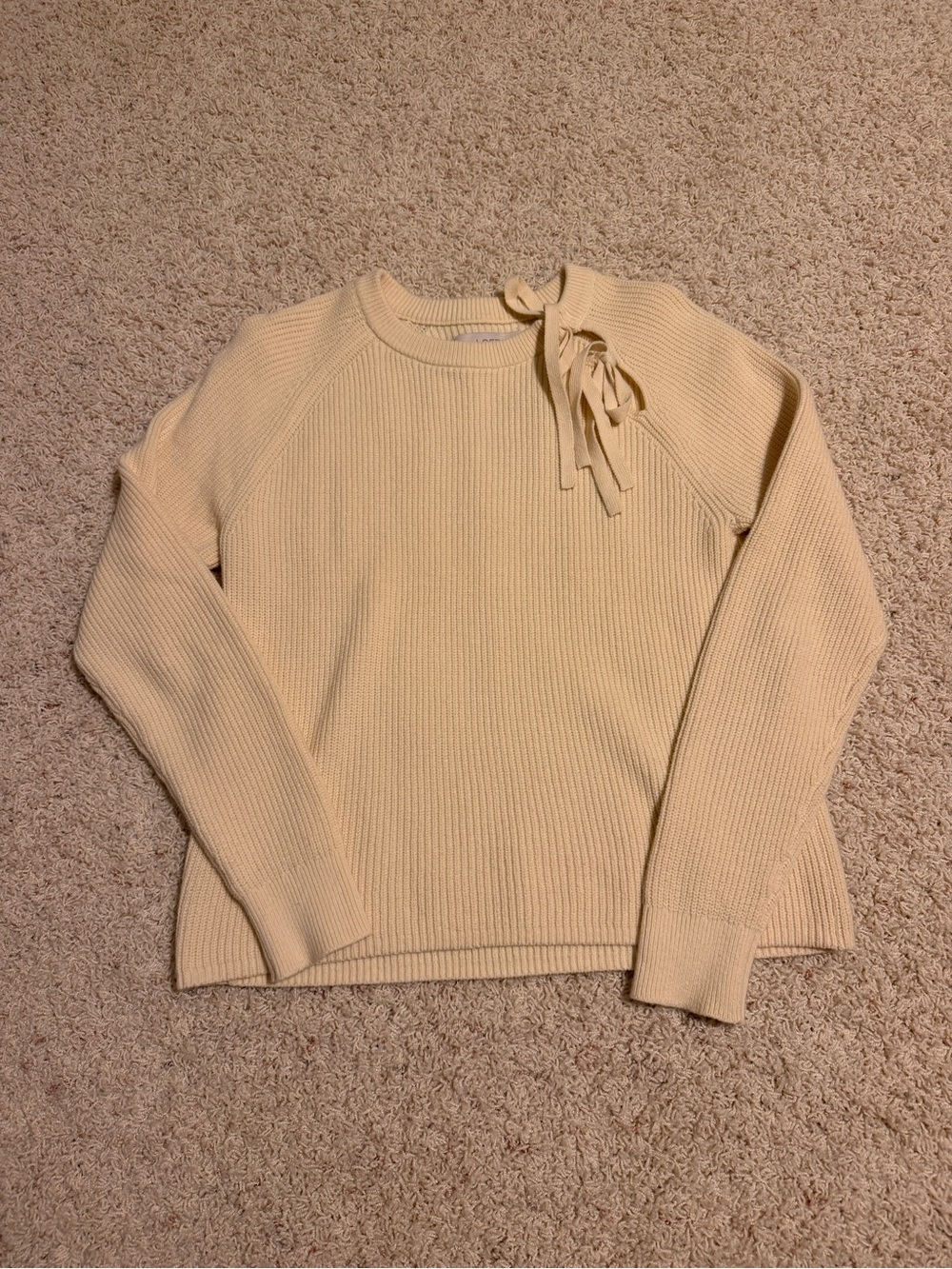 LOFT Cream Ribbed Crewneck Sweater with Shoulder Tie